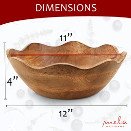 Mela Artisans Wooden Scalloped Bowl - Large | Ruffle Decorative Style | Rustic Kitchen Decor | Mango Wood | Natural Grain Finish | Fits Bread, Fruits, Salad or Popcorn | 12” x 4” x 11”