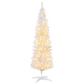 HOMCOM 5' Tall Pre-Lit Slim Noble Fir Artificial Christmas Tree with Warm White LED Lights and Tips, for Christmas Decoration, White