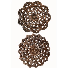Asiana Home Decor Set of 2 Round Floral Wood Carved Wall Hanging. Tropical Wall Plaque.Brown 12.5"
