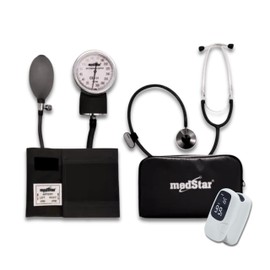 MEDSTAR | Baumanómetro con Estetoscopio Simple Negro + Oximetro Blanco de Pulso Ligero para Dedo, Adulto e Infantil, Incluye Estuche y Cordón