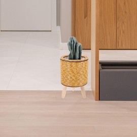 Kisangel Wooden Base Rattan Flower Pot Stand Woven Small Basket for Flowers Storage Baskets