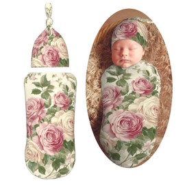 Vintage Pink Rose Floral Swaddle Blanket with Beanie Hat Set Newborn Receiving Blankets Baby Swaddle Wrap Soft Sleep Sack for Baby Boys and Girls