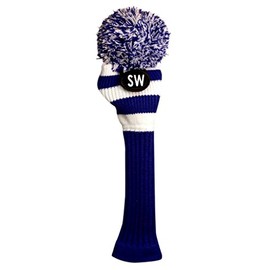 Majek Sand Wedge (SW) Hybrid Rescue Utility Blue & White Golf Headcover Knit Pom Pom Retro Classic Vintage Head Cover