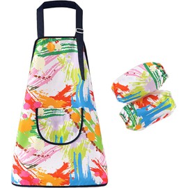HIQUACC Kids Art Apron Set with 2 Detachable Sleeves Waterproof Graffiti Painting Crafting Apron for Children (Stripe-L)