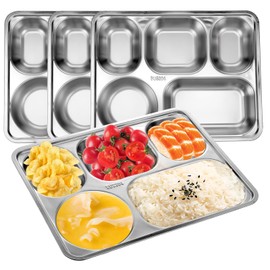 HOFURME 4 Pack Stainless Steel Divided Plates Rectangular Portion Control Plates with 5 Compartments, Unbreakable Metal Food Tray for Lunch, Dinner, Camping and Portion Control, Heavy Gauge