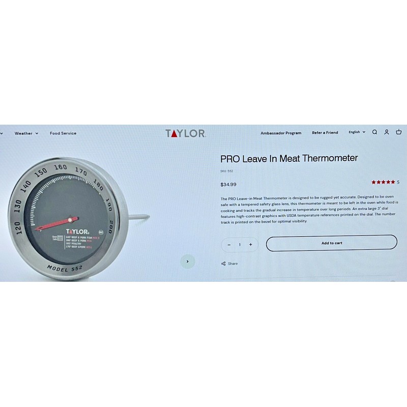 Taylor PRO Leave In Meat Thermometer Model 552 Oven Safe
