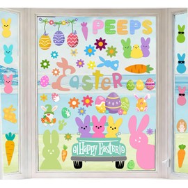 Easter Window Clings Happy Easter Bunny Rabbit Egg Window Stickers Easter Bunnies Decorations for Home Office School Shop Display Party, Rabbits Eggs Stickers for Glass 9 Sheets 91 Pcs