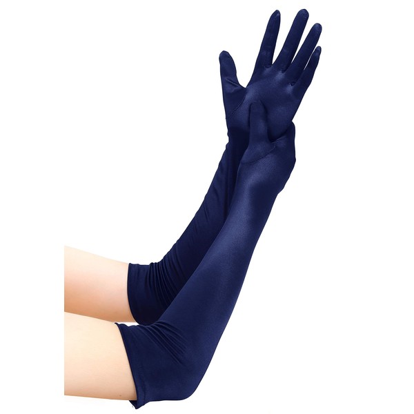EORUBE Long Opera 1920s Satin Gloves for Women Elbow Length Party Costume Gloves (Smooth 20.5" - Navy)