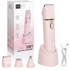 Women’s Painless Bikini Trimmer & Body Shaver – Cordless Electric Razor for Silky Smooth Skin | Replaceable Facial Razor Attachment | IPX7 Waterproof, Ceramic Blades & USB Charging Dock – Pink