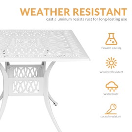 W WARMHOL Outdoor Cast Aluminum Patio Table, 35.4” Square Bistro Table with 2.2’’ Umbrella Hole for Patio Furniture Garden Deck Backyard, White
