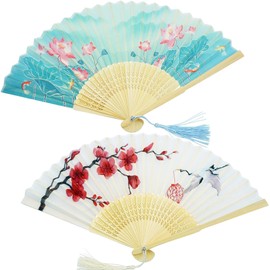 2 Pack Hand Fans for Women Foldable Folding Handheld Fan Abanicos de Mano Hand Held Chinese Style Silk Bamboo Fans for Dancing Cosplay Wedding Party Props Decoration, Season Color Lotus Plum Blossom