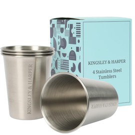 Kingsley & Harper Stainless Steel Cups 335ml (Set of 4) - Premium 304 Food-Grade, Rustproof, Shatterproof, Reusable Eco-Friendly Metal Cups for Kids, Adults, Camping, Travel, and Everyday Use