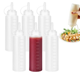 Woobroo 6 Pack Large Plastic Squeeze Bottles, 32oz / 1 Litre Sauce Dispensers With Nozzles & Measurement Labelling - For Condiments, Syrups, Dressings & Craft Use