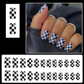 Press on Nails Short Square Fake Nails Black White Checkerboard Design Full Cover Stick on Nails Reusable Artificial Nails Plaid Stick on False Nails Glue on Nails Kit Acrylic Nail Art DIY for Women