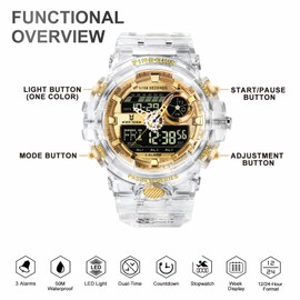 PINIDOUS Men's Watches for Men Digital Sports Watch Gold Watches Waterproof Watches with 3 Alarms/Countdown/Stopwatch/Digital Analogue/Double Time/Light/Military Multifunction Watch, Transparent -