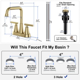 Bathroom Sink Faucet, Hurran 4 inch Brushed Gold Bathroom Faucets for Sink 3 Hole with Pop-up Drain and Supply Hoses, 2-Handle Centerset Faucet for Bathroom Sink Vanity RV Farmhouse, 2 Pack