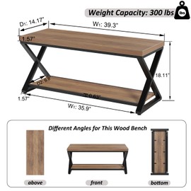 IBF Wood Bench Indoor, Industrial entryway Bench with Shoe Storage for Living Dining Room, Farmhouse Wooden Metal Entry Way Foyer Benches Seat for Bedroom Entryway, Rustic Oak, 39 Inch Long