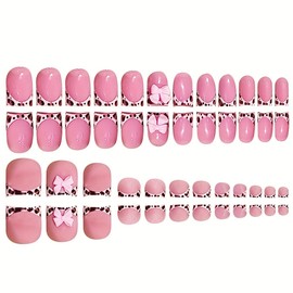 48 Pcs Leopard print Press on Nails & Press on Toenails Set French Tip Fake Nails Bow Glue on Toe Nails Glossy Full Cover Artificial Acrylic Short Square Stick on Nails for Women Manicure