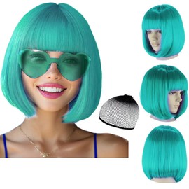 Party Wigs Wig Cap and Sunglass Set,Short Bob Hair Wigs Straight with Flat Bangs Synthetic Colorful Cosplay Daily Party Neon Wig for Women (Turquoise)