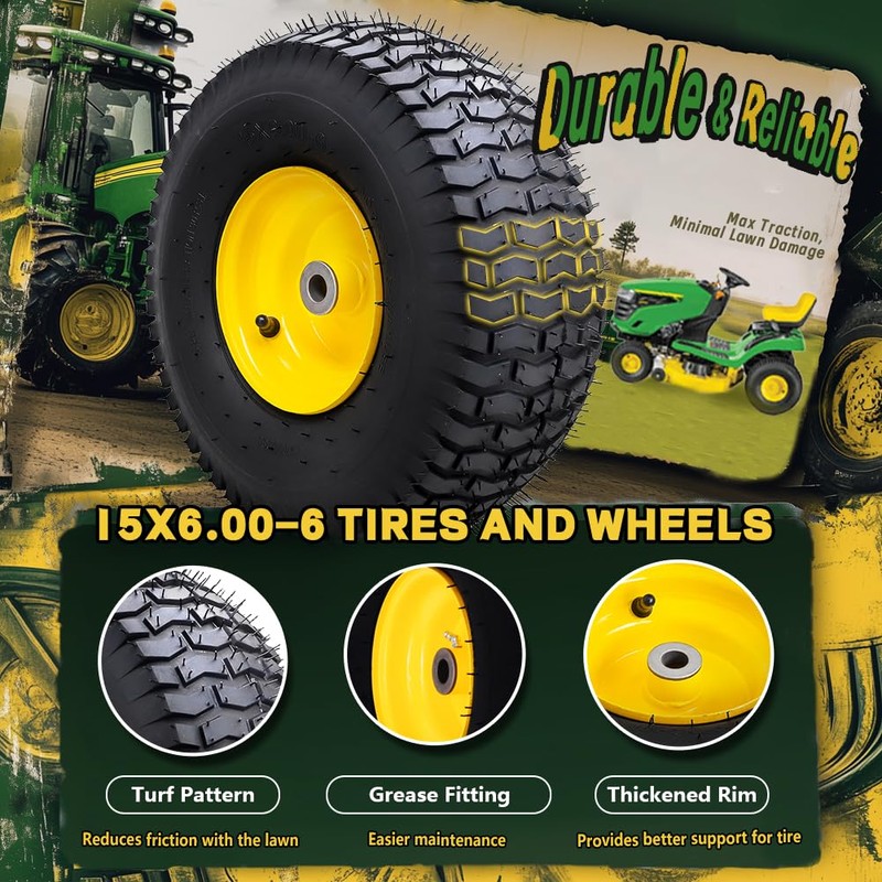 Wiltire 15x6.00-6 Tubeless Tire and Wheel Assembly(2 Pack) ，Replacement Riding
