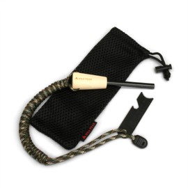 Premium Fire Steel with Paracord Strap & Carry Bag - Quality Ferro Rod Fire Starter with over 2m of Military Grade 550 Parachute Cord for Survival & Bushcraft from Wild Peak ▲ (Green Camo)