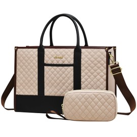 LOVEVOOK Laptop Bags for Women, 15.6 inch Waterproof Work Tote Bag with Clutch, Professional Teacher Computer Purse Lightweight Shoulder Bag Travel, Quilted Brown