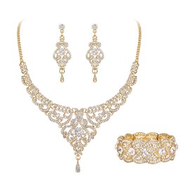 EVER FAITH Women Wedding Jewelry Sets Crystal Retro 1920s Vase Art Deco Bridal Prom Necklace Earrings Stretch Bracelet Set for Bride Clear Gold-Tone