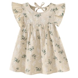 Goodplayer Toddler Baby Girl Dress Summer Cotton Linen Ruffle Halter Sleeveless Kids Casual Beach Party Dresses (Khaki Floral Dress,2-3T)