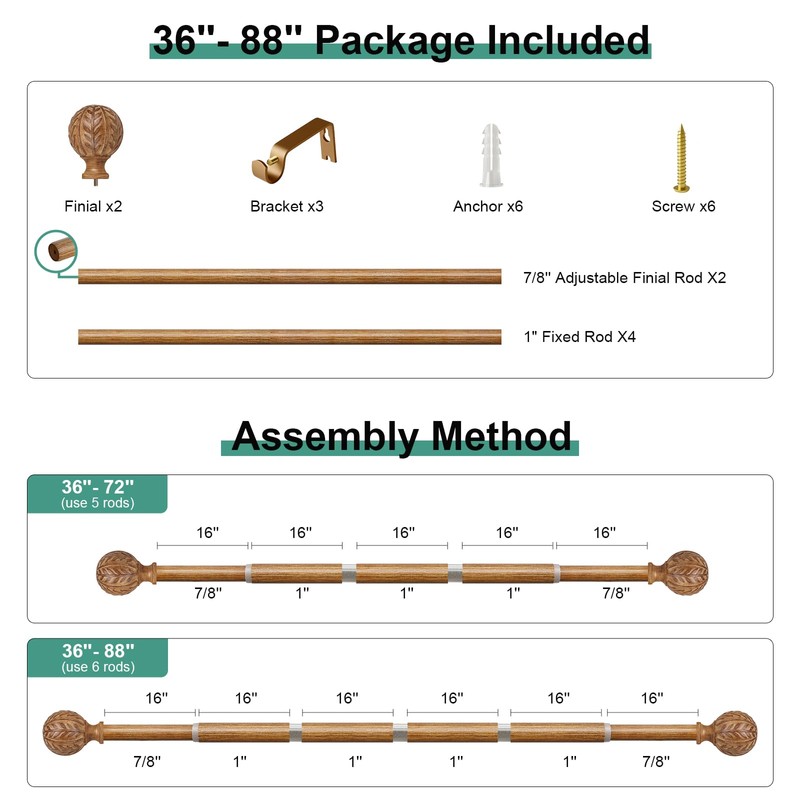 QDWIS Wood Curtain Rods for Windows 48 to 84 Inch,