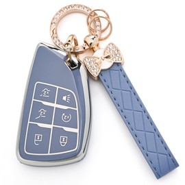 for Chevy Key Fob Cover - Soft TPU Protection Case with Keychain for 2021-2025 Chevy Suburban Tahoe GMC Yukon Denali Silverado Buick Enclave Smart Remote Key Shell （6 Buttons Blue）