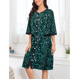 Bloggerlove Womens Button Front Sleepwear Floral Nightie Nightgown Lightweight Long Lounger Summer Robes for Ladies Duster & Housedress
