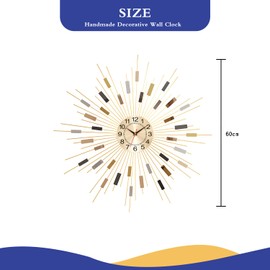PSYCHE GOD Wall Clock 23.6 Inch Large - Gold Starburst Sunburst Design, Mid Century Modern Metal Battery Operated Silent Decorative Clock for Living Room Bedroom Office