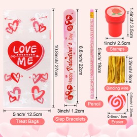 Kolewo4ever 40pack 360x Valentines Day Stationery Party Favors Bulk: Valentines Pencil Eraser Slap Bracelets Stamps Treat Bags for Kids Classroom Gift Exchange School Games Prizes Reward Prizes Carnival Events