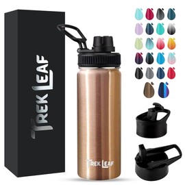 Trek Leaf Travel Water Bottle-18oz, 22oz, or 32oz -3 Lids (Spout, Straw, Flip) Leak Proof, Quality, Vacuum Insulated, Stainless Steel, Thermos, Metal Flask, Sports Canteen (Rose Gold, 18 oz)
