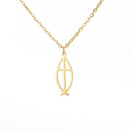 EUEAVAN Ichthus Necklace for Women Christian Jesus Fish Necklace Christ Fish Cross Ichthys Pendant Necklace Ichthus Fish Religious Symbol Christian Jewellery Gift, Stainless Steel