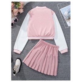 BEAUDRM Girl's 2 Piece Outfit Letter Embroidery Baseball Jacket and Pleated Short Skirt Set Multicolor 12-13Y