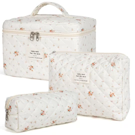 Makeup Bag,3 PCS Cotton Quilted Cosmetic Bag Set,Large Travel Makeup Bag for Women,Cute Toiletry Pouch Tote Purse Organizer