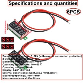 HUAZIZ Pack of 6 0.28 Inch Mini Digital Voltmeter, LED Display Voltmeter, Measuring Range DC 2.4-30 V, Two Wire Voltage Tester, Reverse Polarity Protection and Accurate Pressure Measurement (Red)