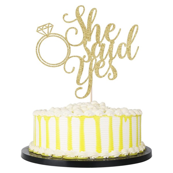 PALASASA Decoración divertida para tartas con texto en inglés "He asks She Said Y", para bodas, compromisos, despedidas de soltera, anuncio de embarazo con purpurina (dorado)