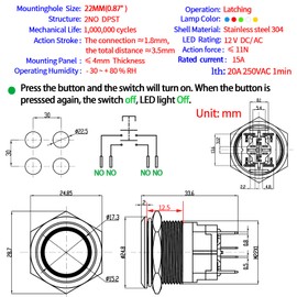 (15 Amp) 22mm Latching Push Button Switch 12V DC DPST Angel Eye LED Light Stainless Steel 304 Waterproof IP67 with Wire Socket 7/8in