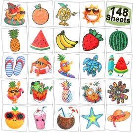 CHARLENT 148 PCS Summer Glitter Fruit Temporary Tattoos for Kids - Watermelon Pineapple Individual Tattoos for Boys Girls Pool Birthday Party Favors Goodie Bag Fillers