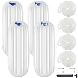 VEITHI Boat Fenders 4 Pack 8 x 20 inch, Hole Through Middle Vinyl Boat Bumpers Fenders,Boat Bumpers for Docking Come with Ropes Needles and Pump, Inflatable Ribbed Fenders for Pontoon Yacht - White