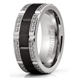 Metal Masters Co. Men's Titanium Ring Two-Tone Wedding Band Round-Cut Cubic Zirconia Black Silver 8MM