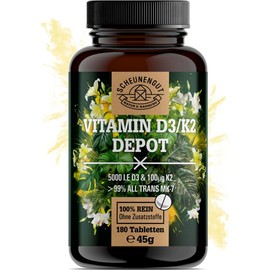 Vitamin D3 K2 5000IE Depot High Dose Important: Laboratory Tested Brand Complex +5000IE Vitamin D3 Pro Tab and 99.7% All-Trans K2-MK7 I 180 Vitamin D Tabs -DE- SCHEUNENGUT®