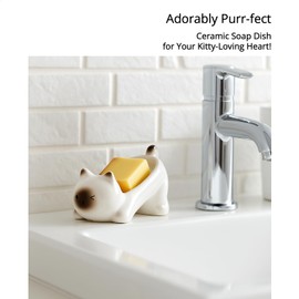 YURIAERY Ceramic Siamese Cat Soap Dish with Drain for Bathroom, Cute Black and White Animal Soap Dish for Shower, Bathroom or Kitchen Countertop Décor