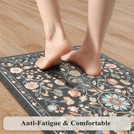 KIMODE Cushioned Kitchen Mats for Floor Anti Fatigue,Boho Vintage Floral Kitchen Rugs Sets of 2 Non Slip,Wide Comfort Memory Foam Carpet for Laundry Sink ffice,Dark Gray
