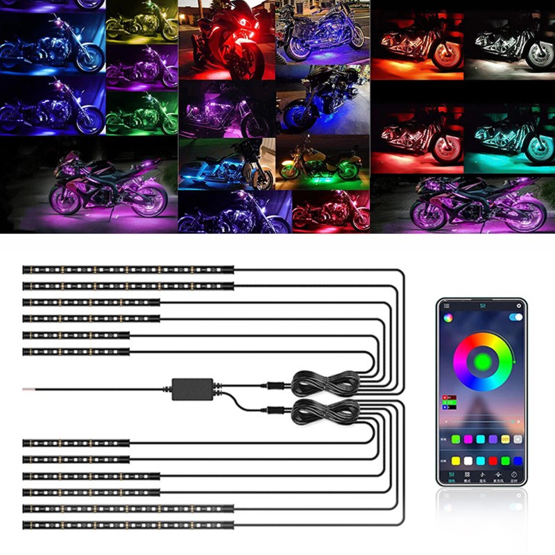 XUKEY 12Pc Motorcycle RGB LED Neon Under Glow Light Strip