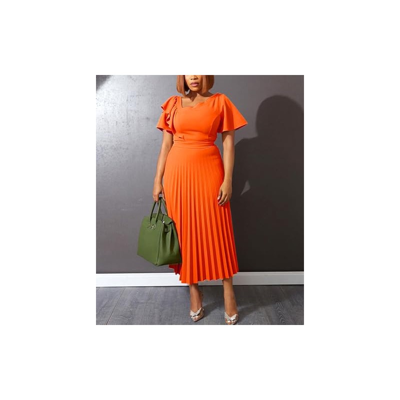 AOMEI Women's Orange Short Sleeve Asymmetrical Ruffles High Waist Pleated