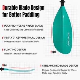 WONITAGO Kayak Paddle with Fiberglass Shaft and Reinforced Nylon Blade, Adjustable Kayaking Oars, 3 Piece, 230-250 cm/90-98 inches, Teal