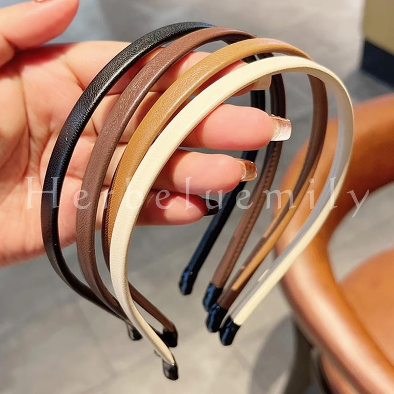 Herbeluemily HM-0123-R02-BK Headband, Faux Leather, Thin, Stylish, Adult, Simple, Korean